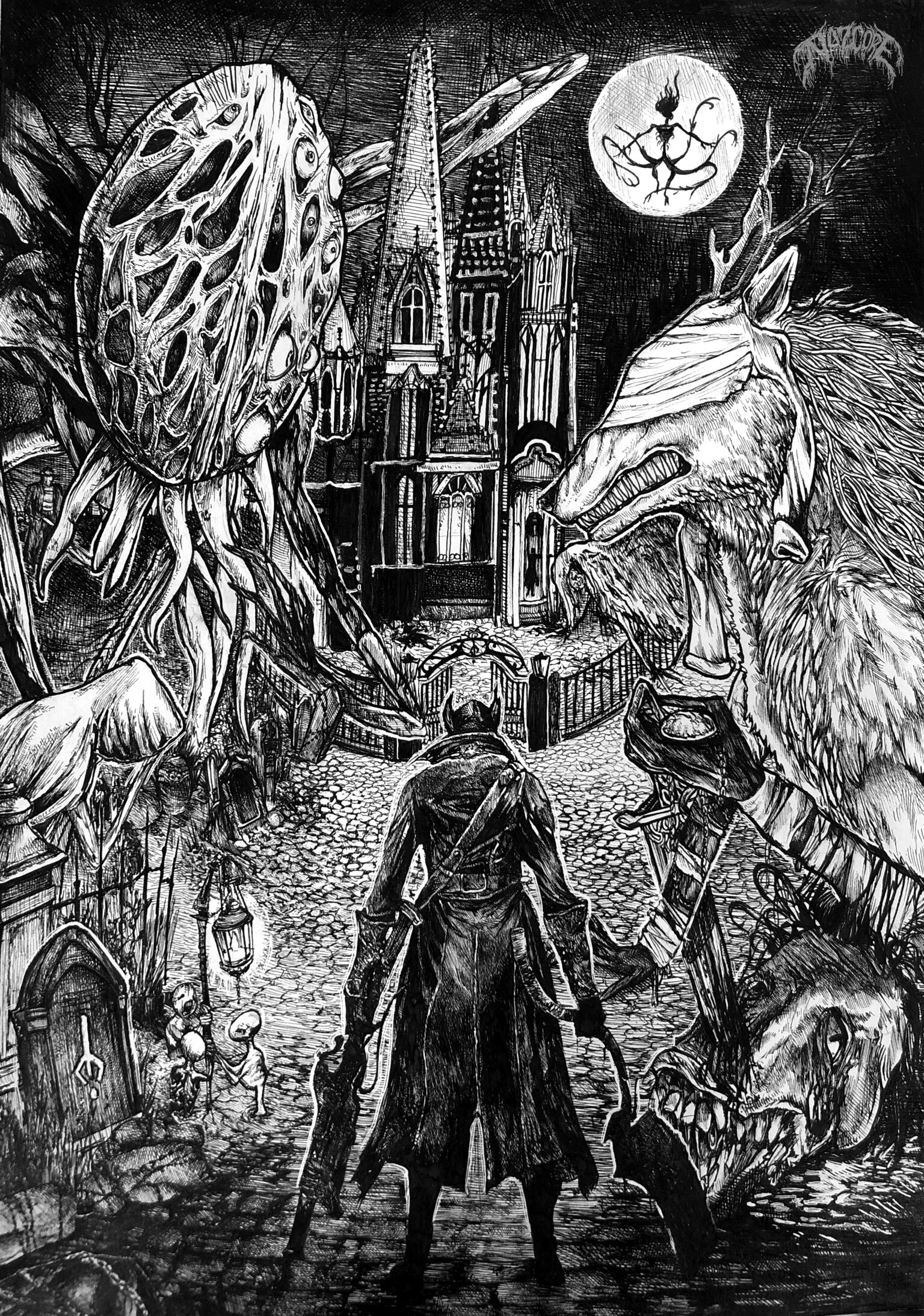 1536x2188 Bloodborne Black & White ink drawing: Image, Drawing Process and Me = Nazcore