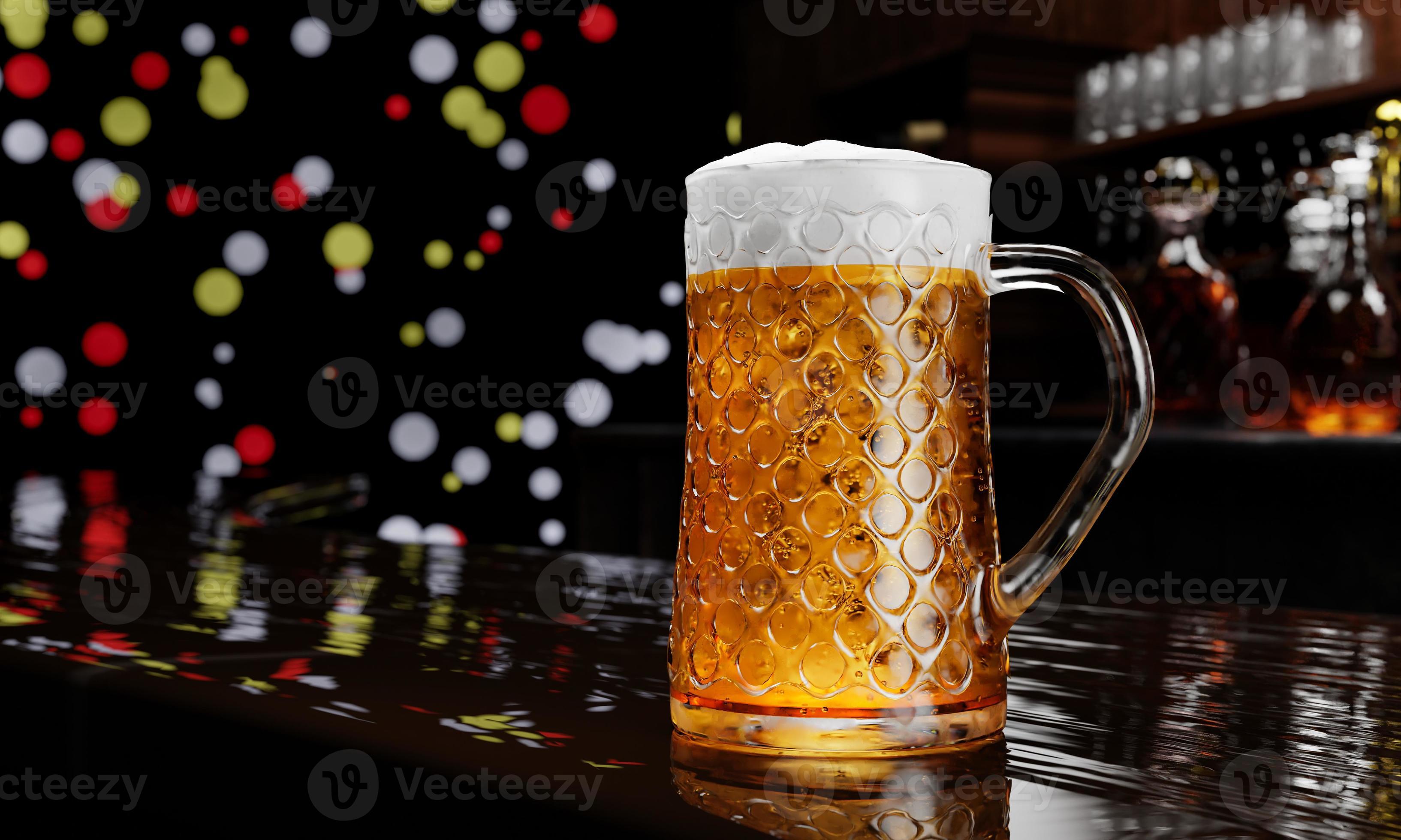 3267x1960 Draft or craft beer in tall clear glass. With cold steam, White beer foam placed on a wooden floor, behind the background is a bottle of wine, whiskey, brandy at the restaurant