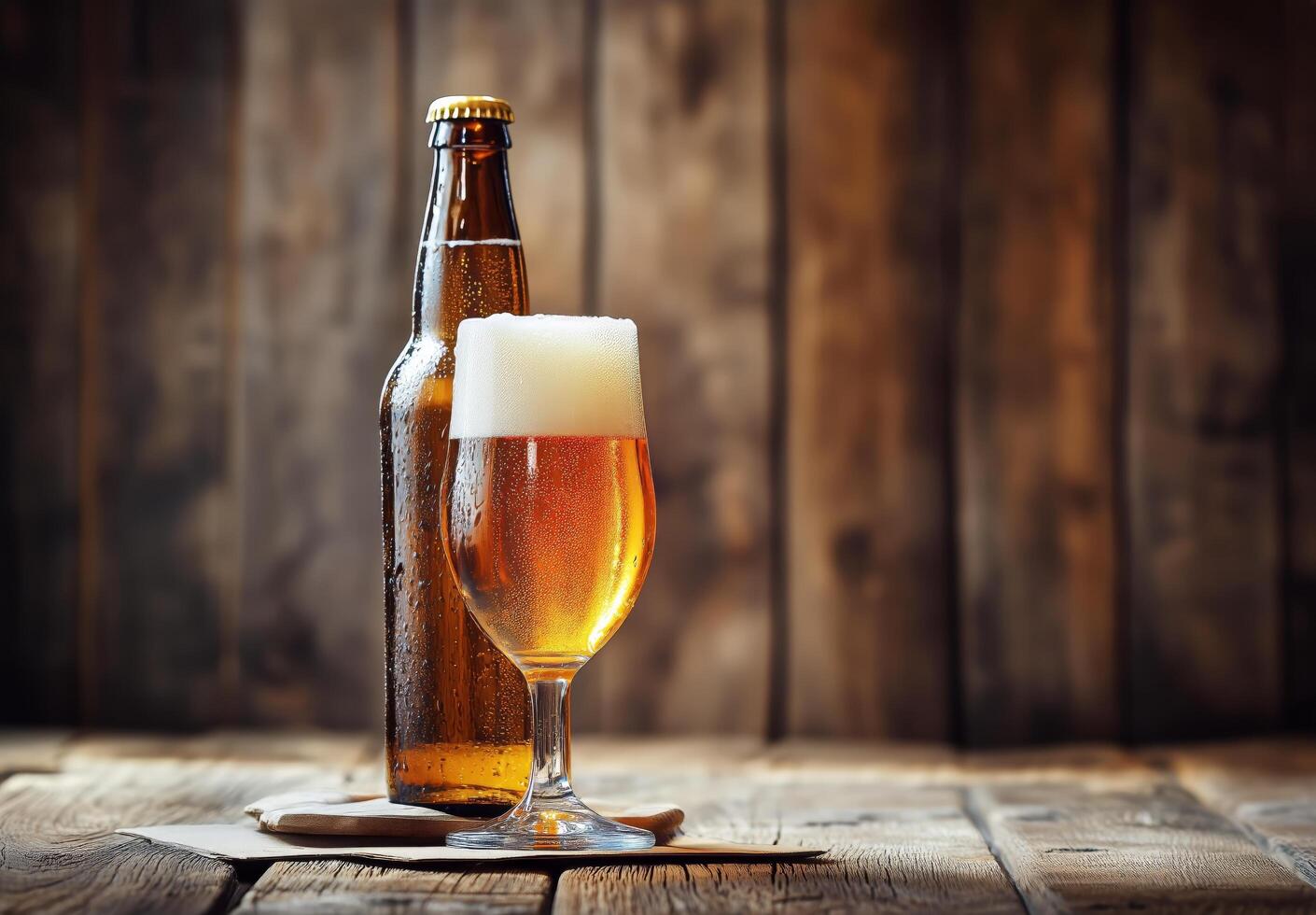 1410x980 Craft Beer in a Glass Beside a Bottle on a Rustic Wooden Table With Warm Lighting