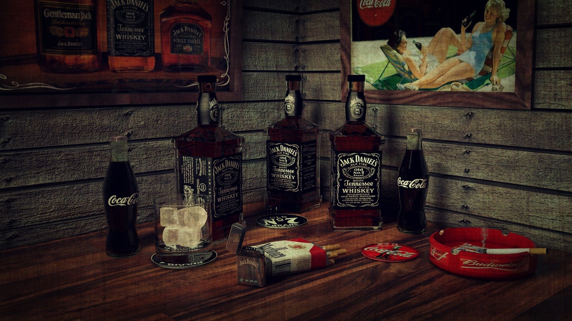 1920x1080 Wallpaper Ice, Whiskey, Coca Cola, Smoking, Bar, Cigarette, Bottles, Jack Daniels For Mobile And Desktop, Section разное, Resolution 1920x1080