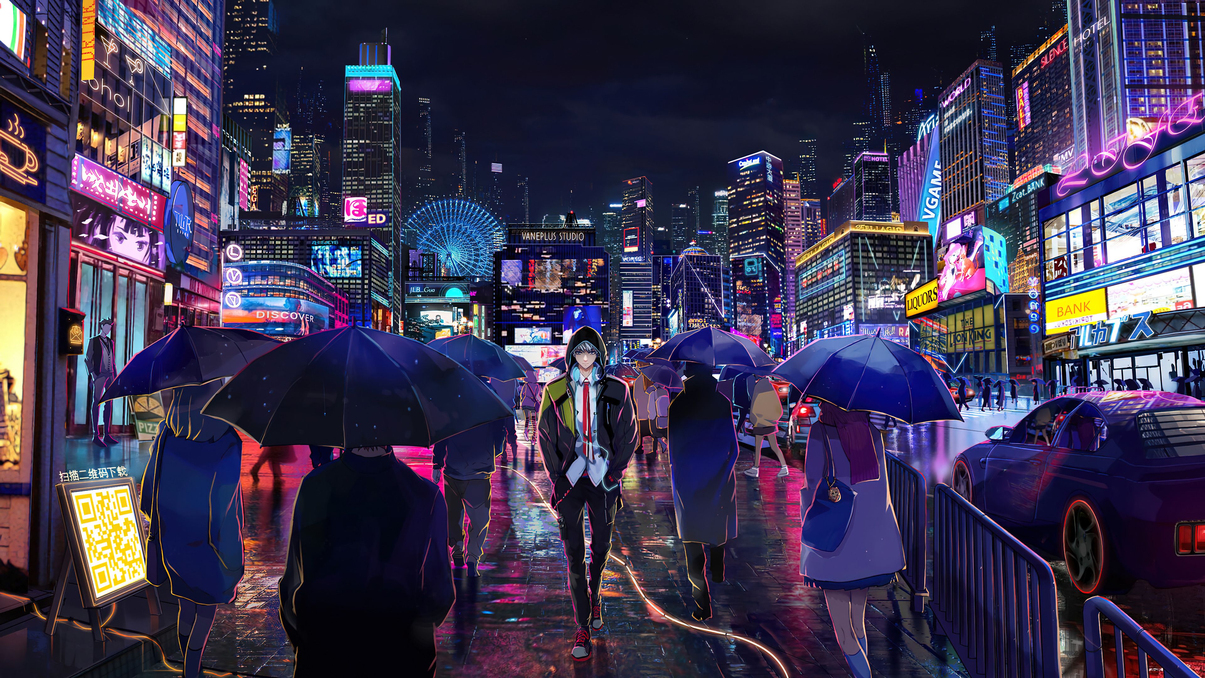 3840x2160 Night City Anime Boy Walking Wallpaper 4K PC Desktop f