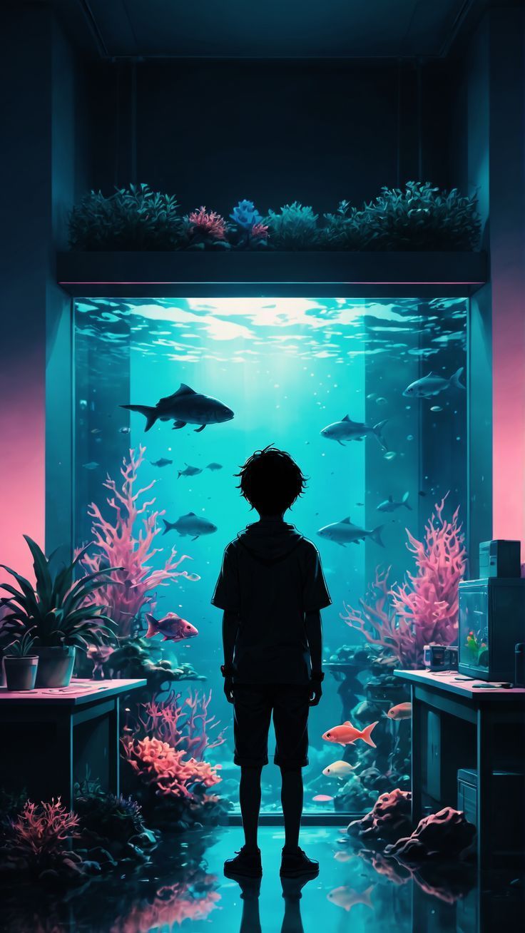 736x1308 Boy looking at the aquarium art wallpaper