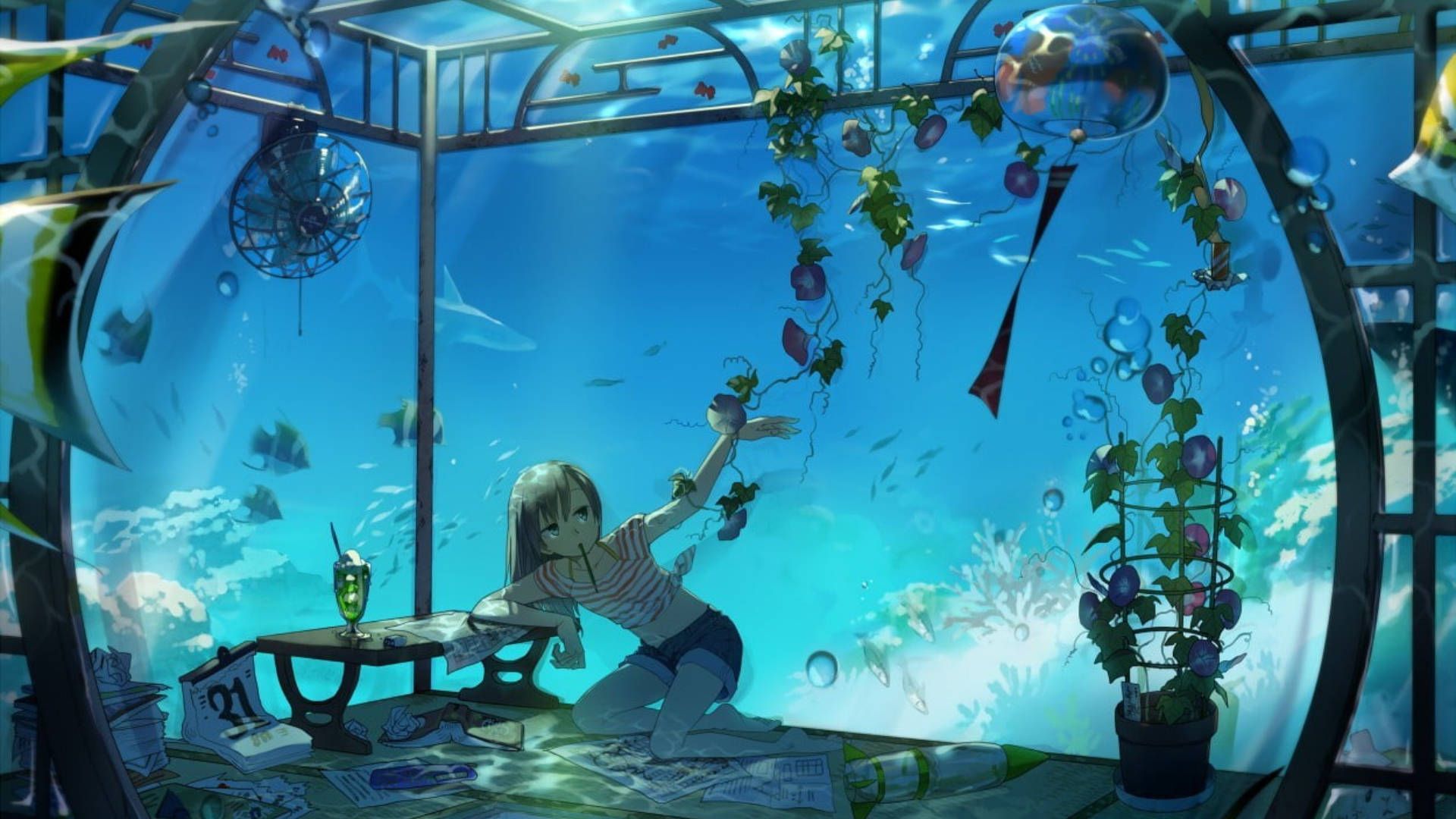 1920x1080 Chill Anime Girl In Aquarium Wallpaper