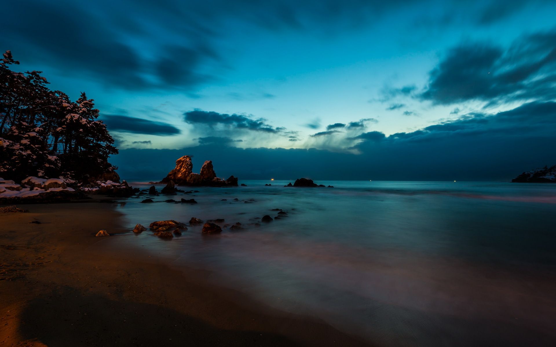 1920x1200 Wallpaper sea, night, rocks, Asia, Korea, Seoul Landscape for mobile and desktop, section пейзажи, resolution 1920x1200