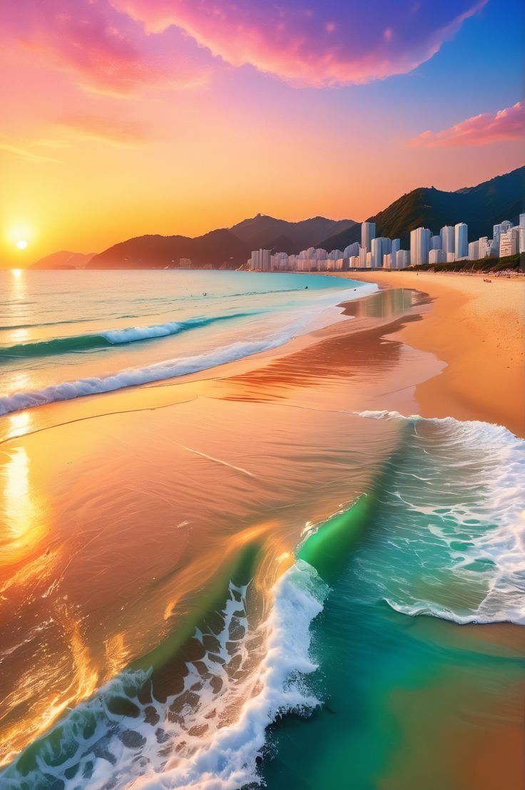 736x1108 Haeundae Beach: 4K AI Art Haeundae Beach in 4K AI Art: Busan's Coastal Charm