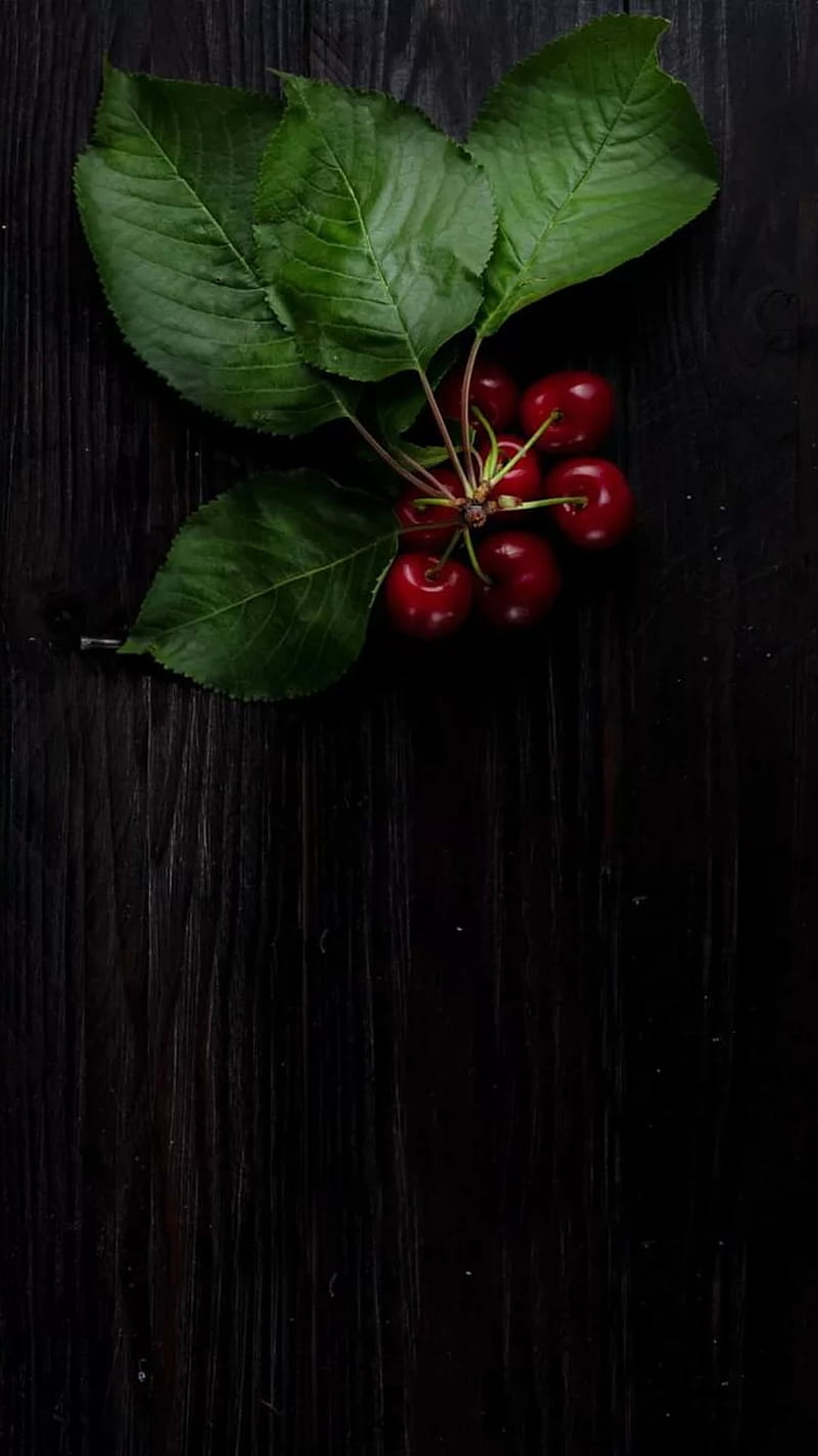 800x1422 Cherry, cherries, dark, fruit, green, green leaves, leaves, red, wood, HD phone wallpaper