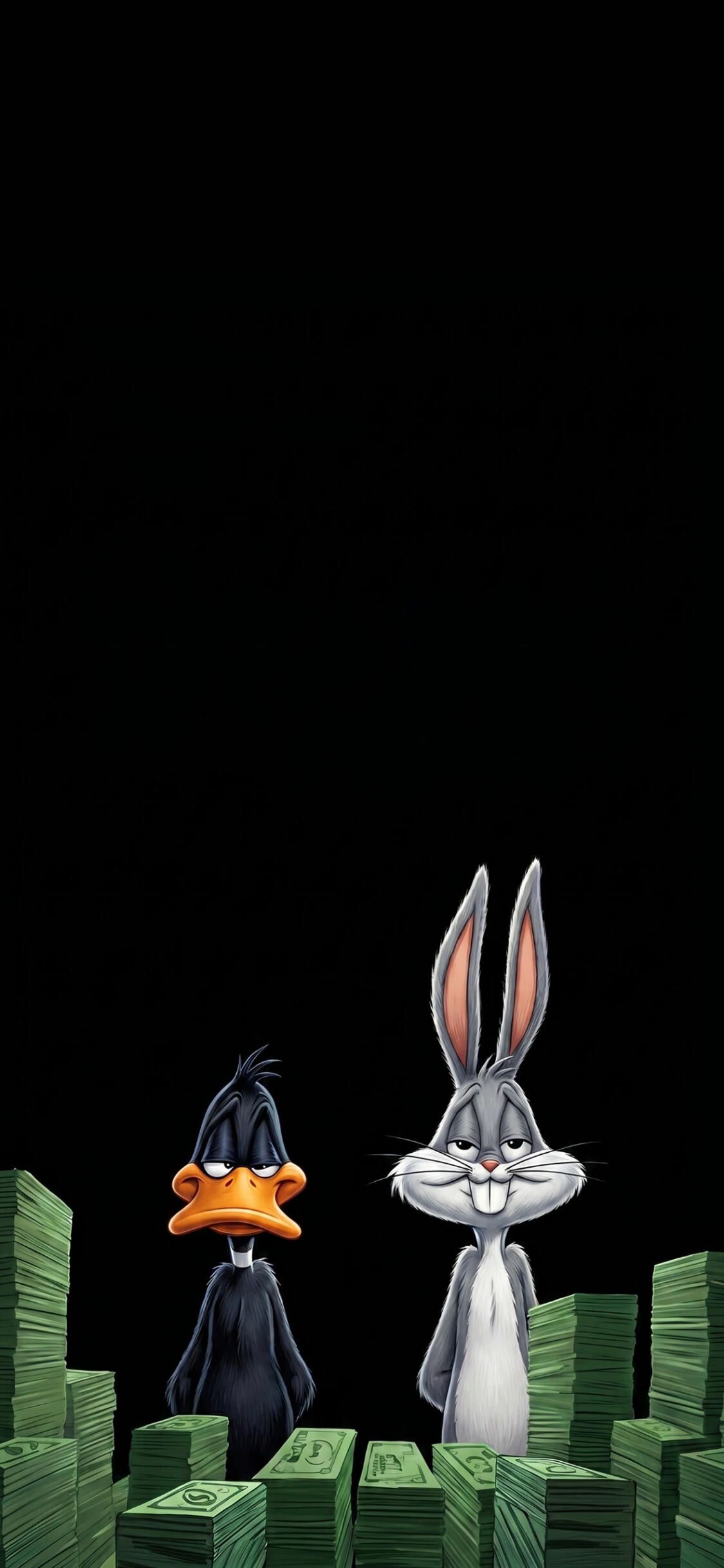1125x2436 Bugs Daffy Money Stacks Wallpaper