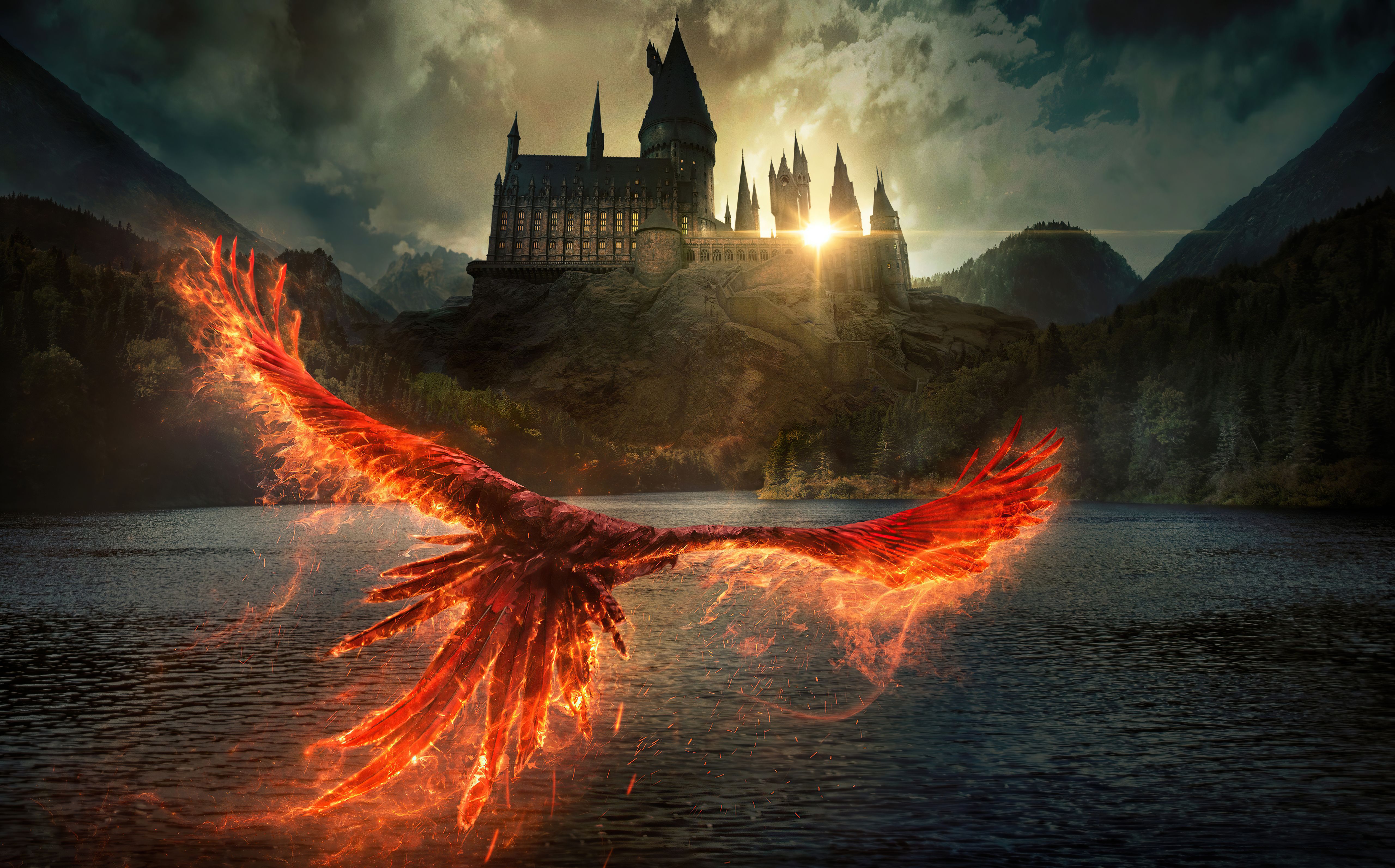 5120x3187 4K Ultra HD Hogwarts & Phoenix Scene from Fantastic Beasts: Secrets of Dumbledorex3187