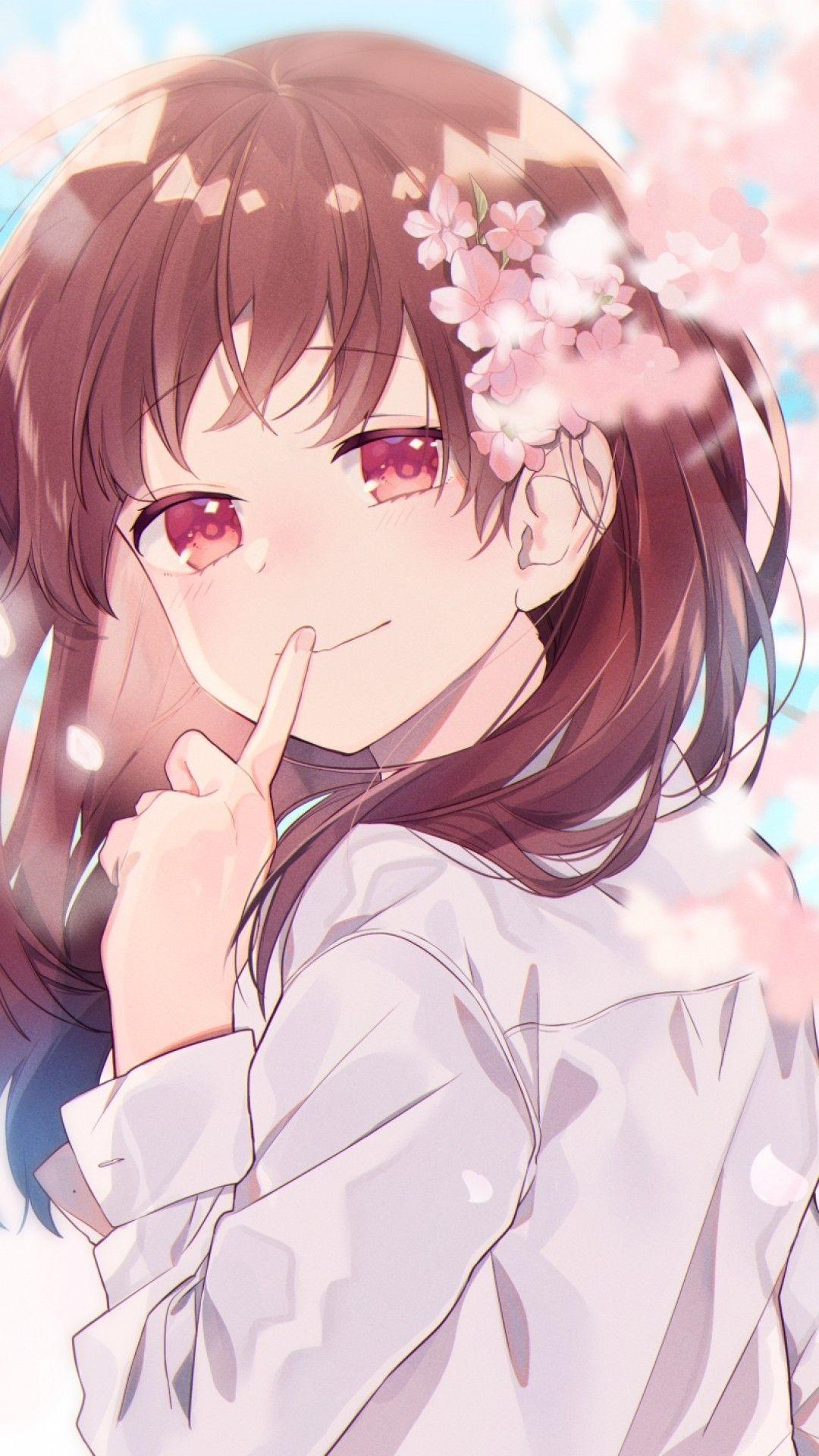 1080x1920 Download 1080x1920 Anime Girl, Shhh, Cherry Blossom, Brown Hair