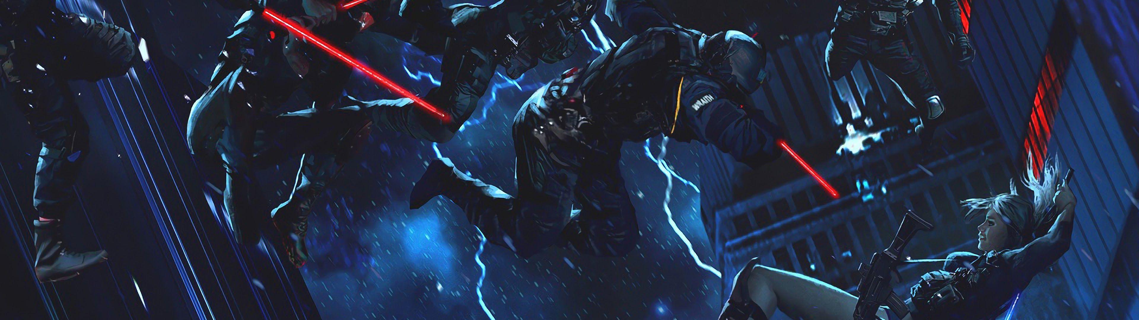 3840x1080 Sci Fi Soldiers Lightsaber Cyberpunk 4K Wallpaper