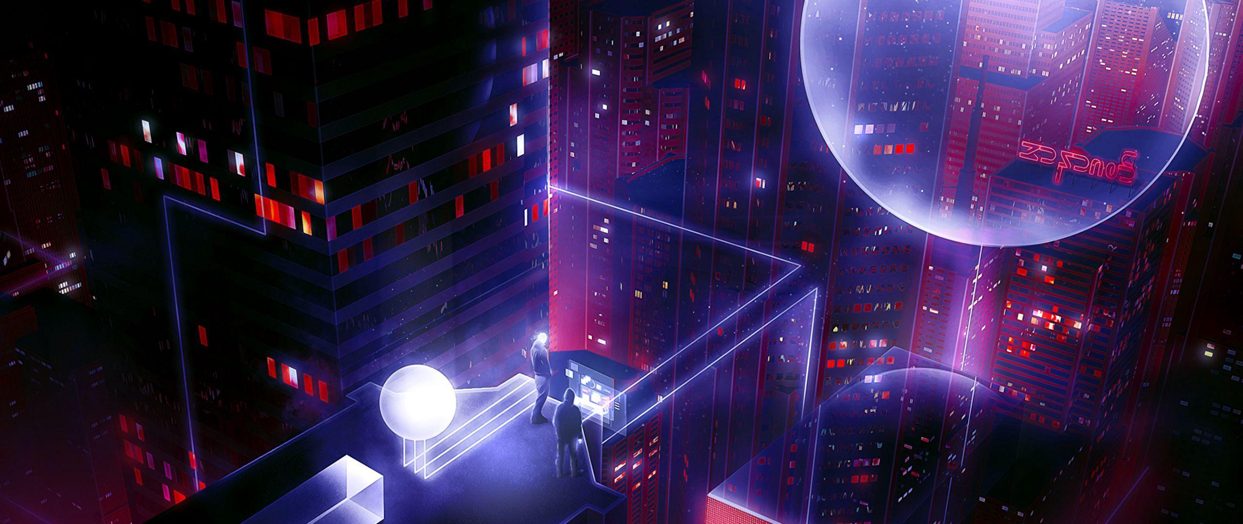 2560x1080 Download Wallpaper 2560x1080 Roof, People, Art, Cyberpunk, Sci Fi Dual Wide 1080p HD Background