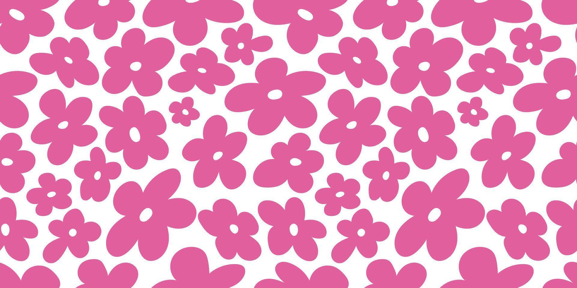 1920x960 2000s flowers, y2k background. Seamless pattern with abstract pink flowers on white background