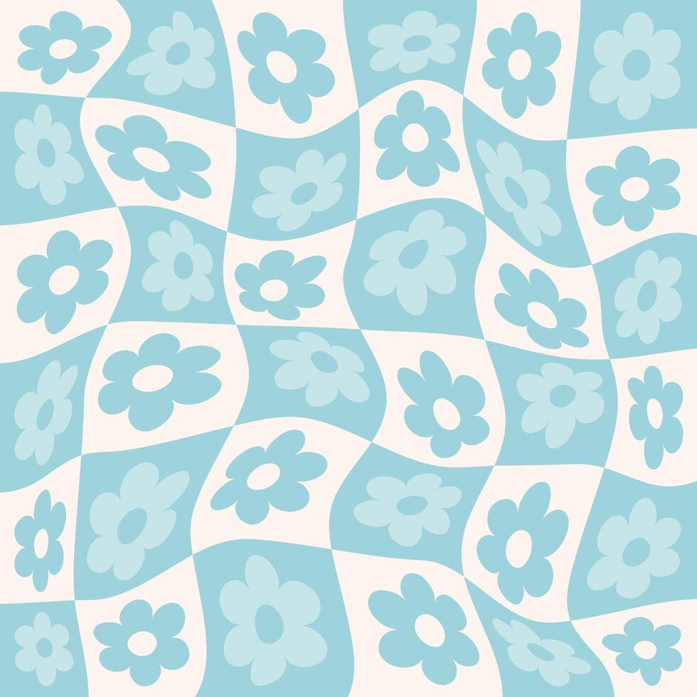 980x980 Y2K background, retro abstract flowers on distorted chessboard. Aesthetics of the 90s, style of the 2000s