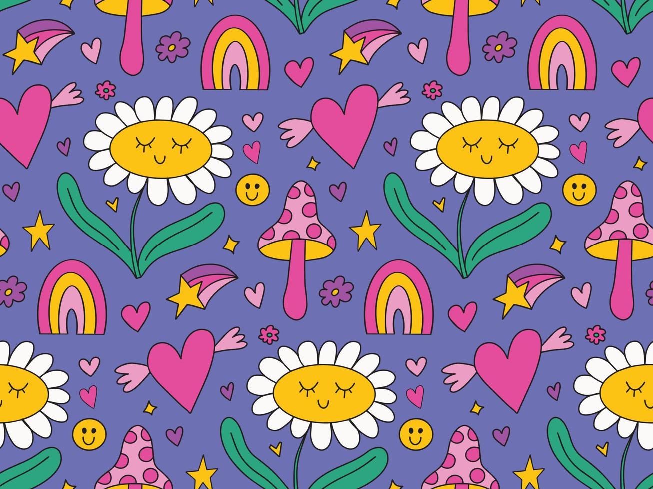 1307x980 Cute kawaii daisy seamless pattern background with daisy chamomile flower, hearts, rainbow, trippy groovy mushroom on blue backdrop. Bright vector retro 90s, 2000s print background, wallpaper