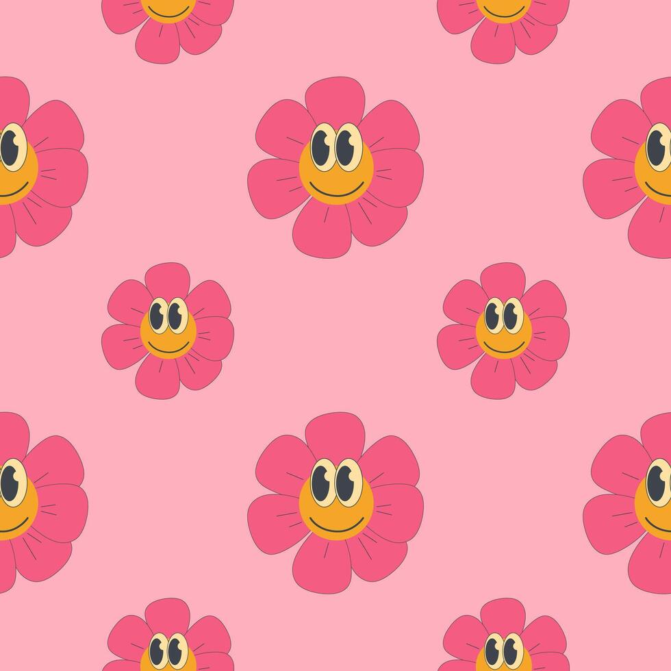 980x980 Vintage geometric pattern with cartoon groovy flowers in 2000s style. 2000s background
