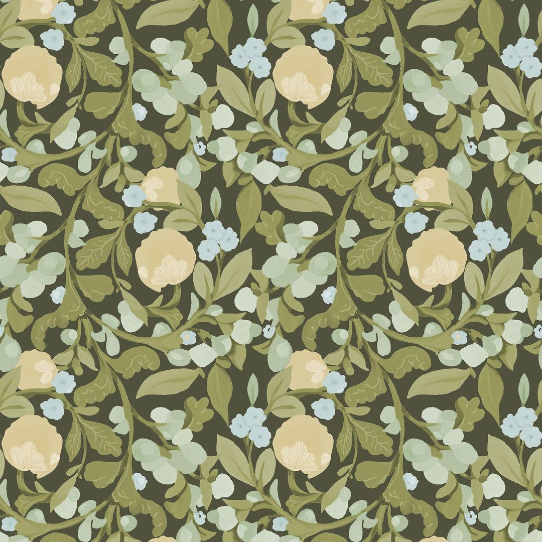 1080x1080 Deep Olive Floral Wallpaper by Mitchell Black, Green and Yellow