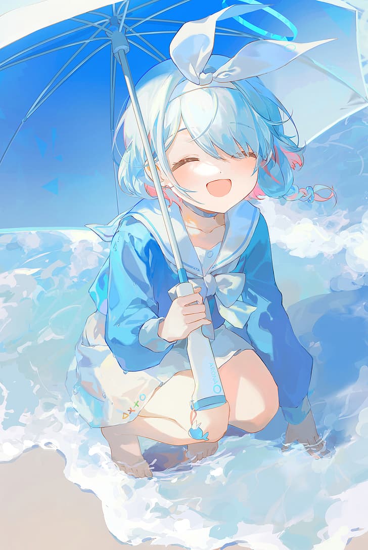 728x1087 HD wallpaper: haliya, arona (blue archive), umbrella, water, open mouth, smiling