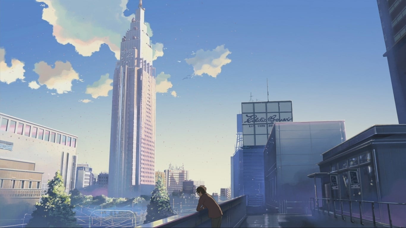 1366x768 Anime movie still, anime, city, clouds, skyscraper HD wallpaper