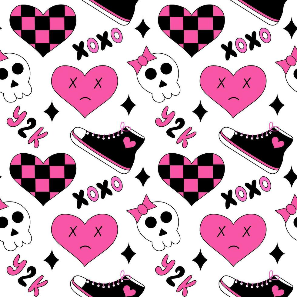 980x980 Seamless pattern with emo elements. Y2k style. Hearts in chessboard, XoXo, sneakers, skulls. Black and pink. Vector flat illustration