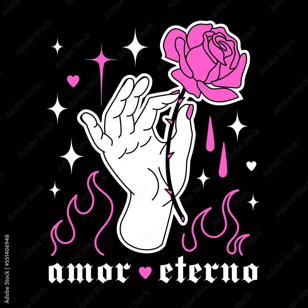1000x1000 Y2k emo goth print with mystical hand, rose with spikes, slogan about love on dark background. Vintage black and pink isolated sticker. Graphic gothic vector print, weird 2000s style. Stock Vector