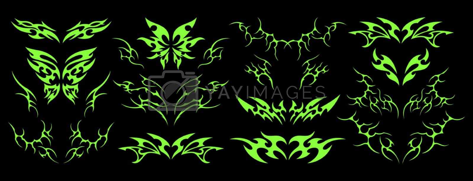 1600x615 Futuristic y2k gothic tattoo stickers, neo tribal acid goth ornaments, cybersigilism elements in emo style by Redgreystock Vectors & Illustrations with Unlimited Downloads