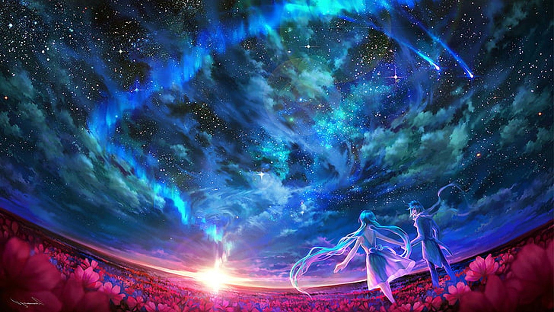 1920x1080 Anime Stars Boy Girl Neon Blue Sky HD Neon Wallpaper