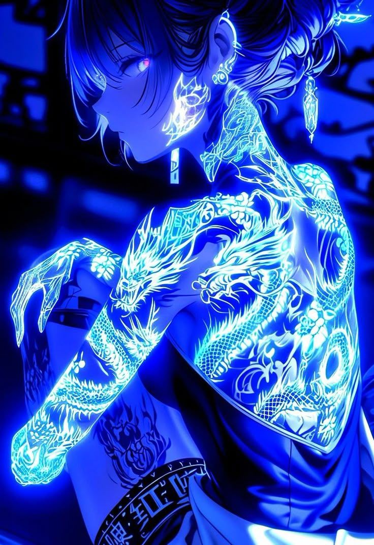 736x1072 Neon blue characters. Blue glowing tattoos fantasy art, Anime wallpaper, Cool anime