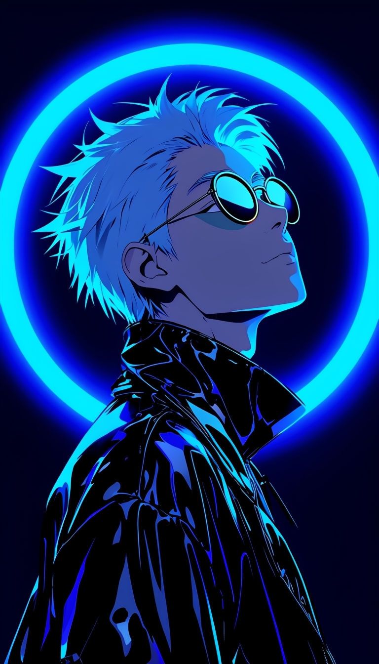 768x1344 Anime Character with Glowing Blue Hair and Neon Background Mobile Wallpaper