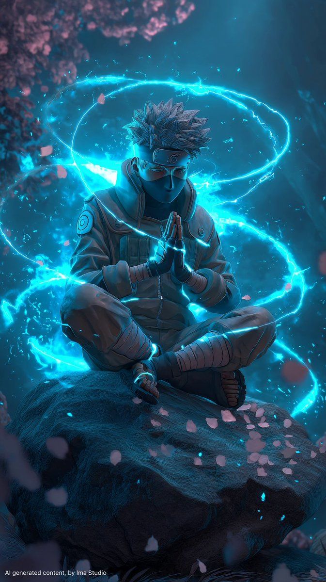 673x1200 Kakashi meditating with a glowing blue energy aura, created on ImaStudio AI. I enhanced the neon lighting and chakra effects for a cinematic look. Try it! ⚡ #imastudio #Kakashi #Wallpaper