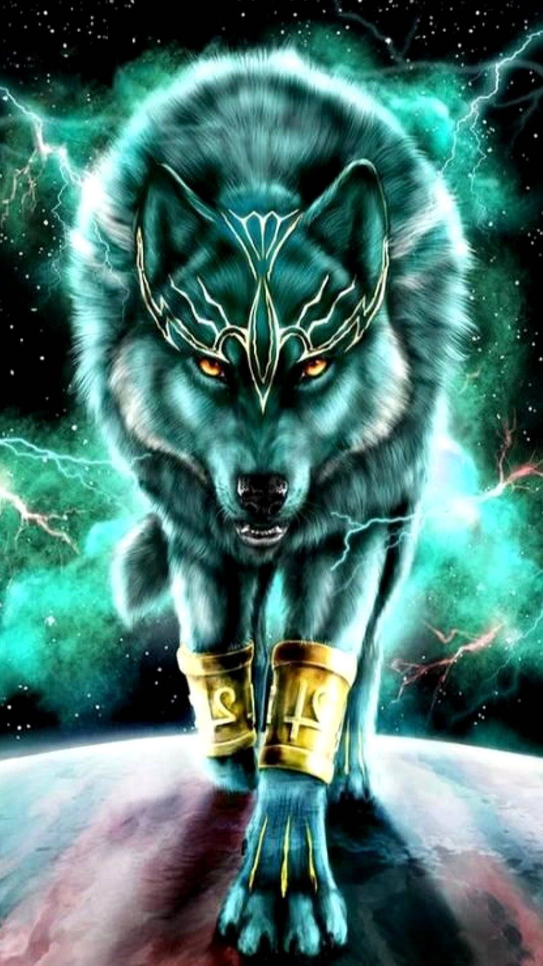 1080x1920 Anime Wolf Walking On Planet Neon Blue Wallpaper