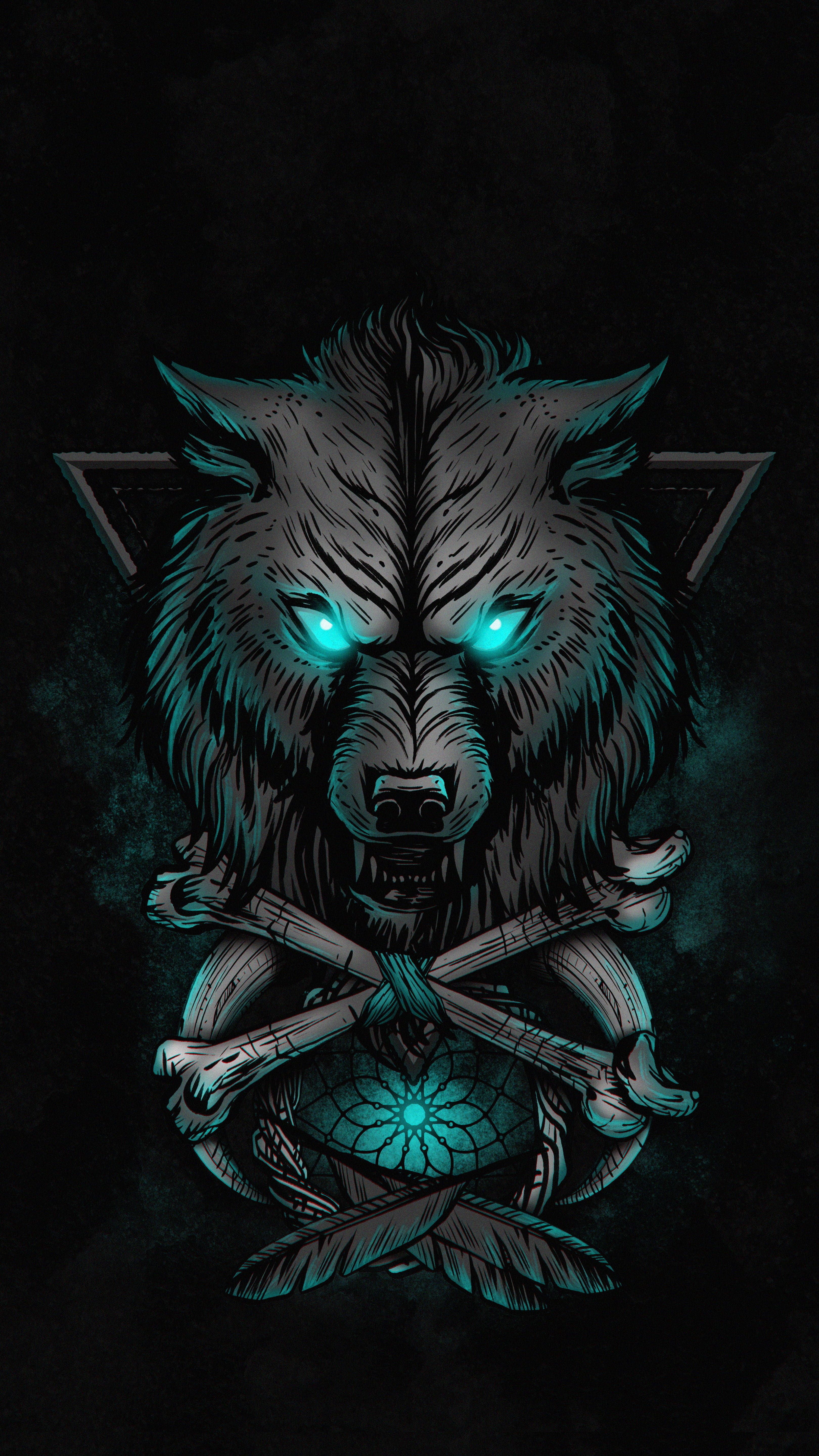 3240x5760 Anime Wolf Neon Blue Eyes And Bones Wallpaper
