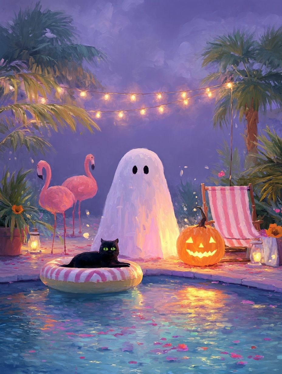 928x1232 Dreamy Summerween Vibes: Ghosts & Flamingos • PromptDen