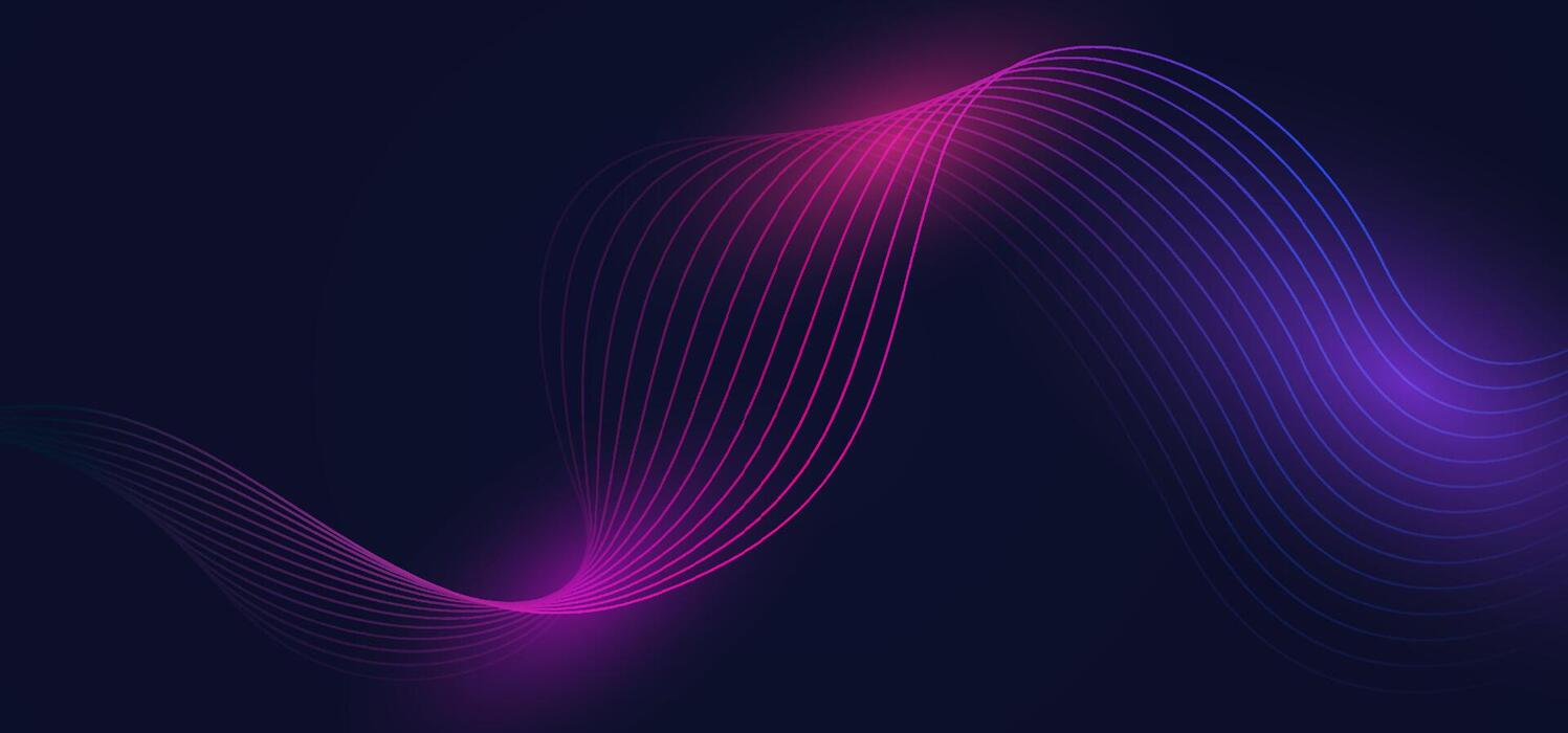 1497x700 Modern digital technology background with elegant neon waves on dark gradient. Smooth abstract lines in purple and pink, ideal for tech presentations, futuristic designs, or business content