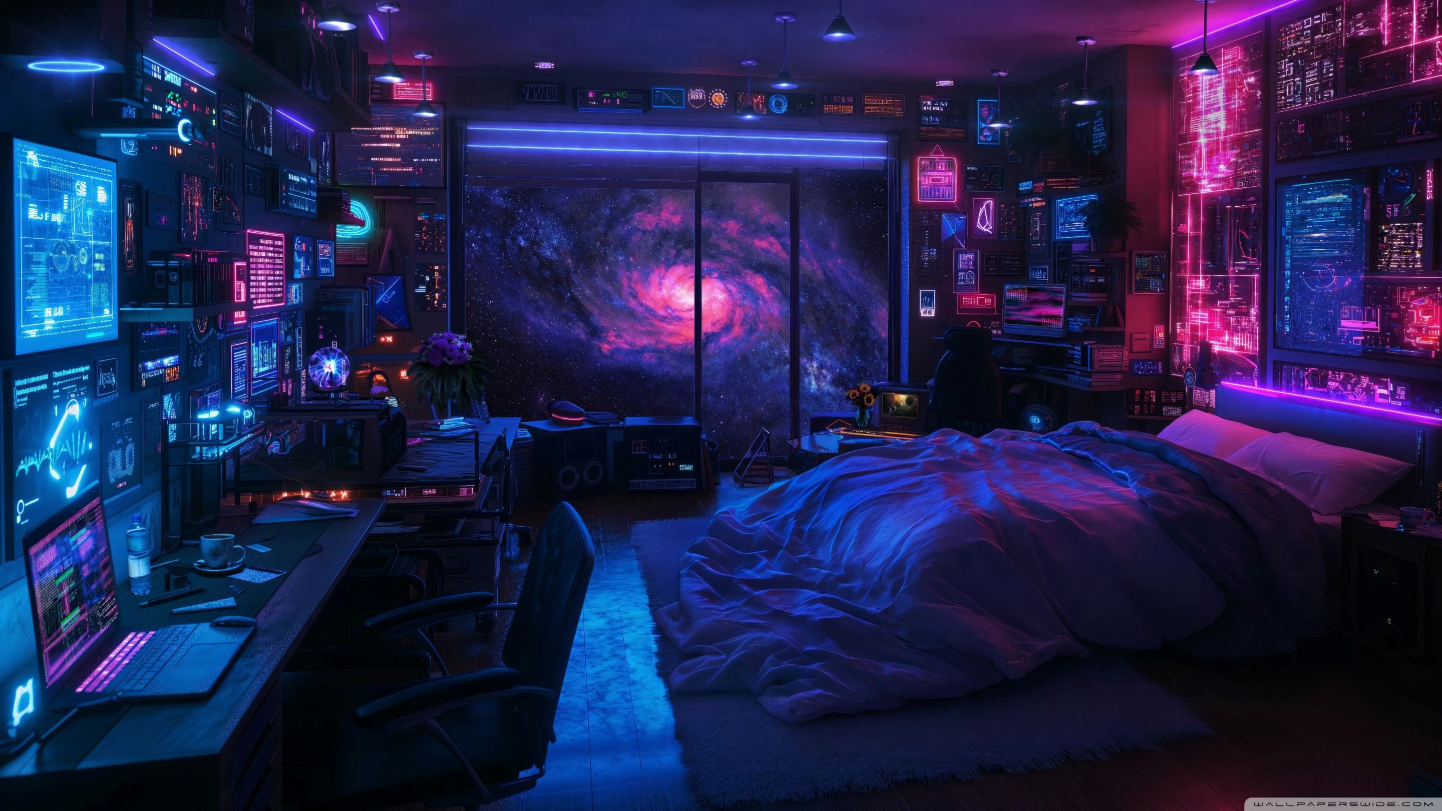 2880x1620 Science Fiction, Bedroom, Futuristic, Neon, High tech, Galaxy 4K UHD Wallpaper for UltraHD Desktop and TV