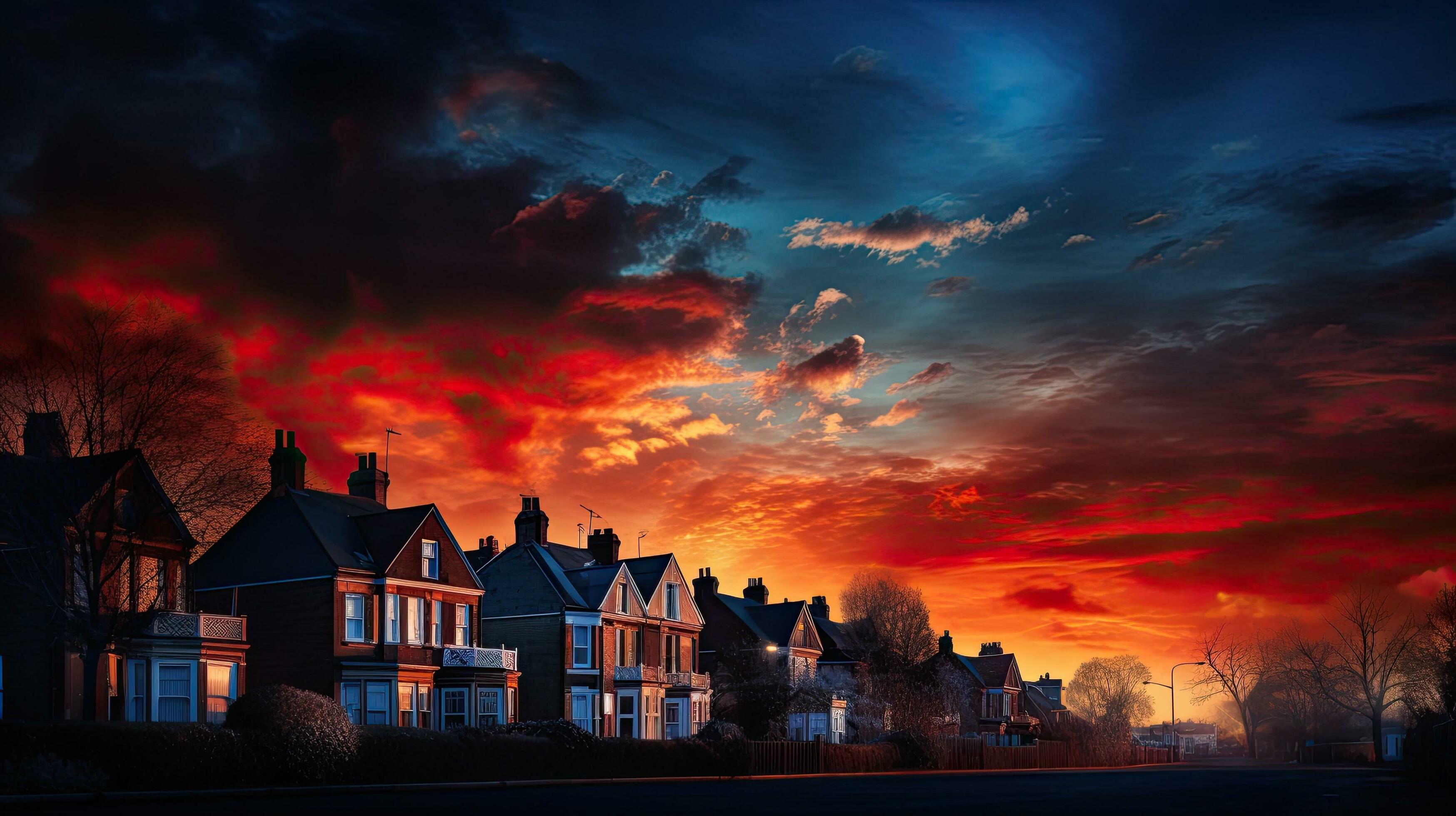 3497x1960 Silhouetted trees and homes in an English town at sunset with a blue and orange sky