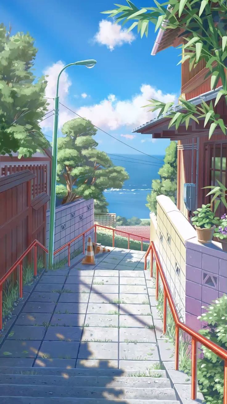 736x1308 Summer Day in the City. Wallpaper estetika, Beautiful stairs, Anime places