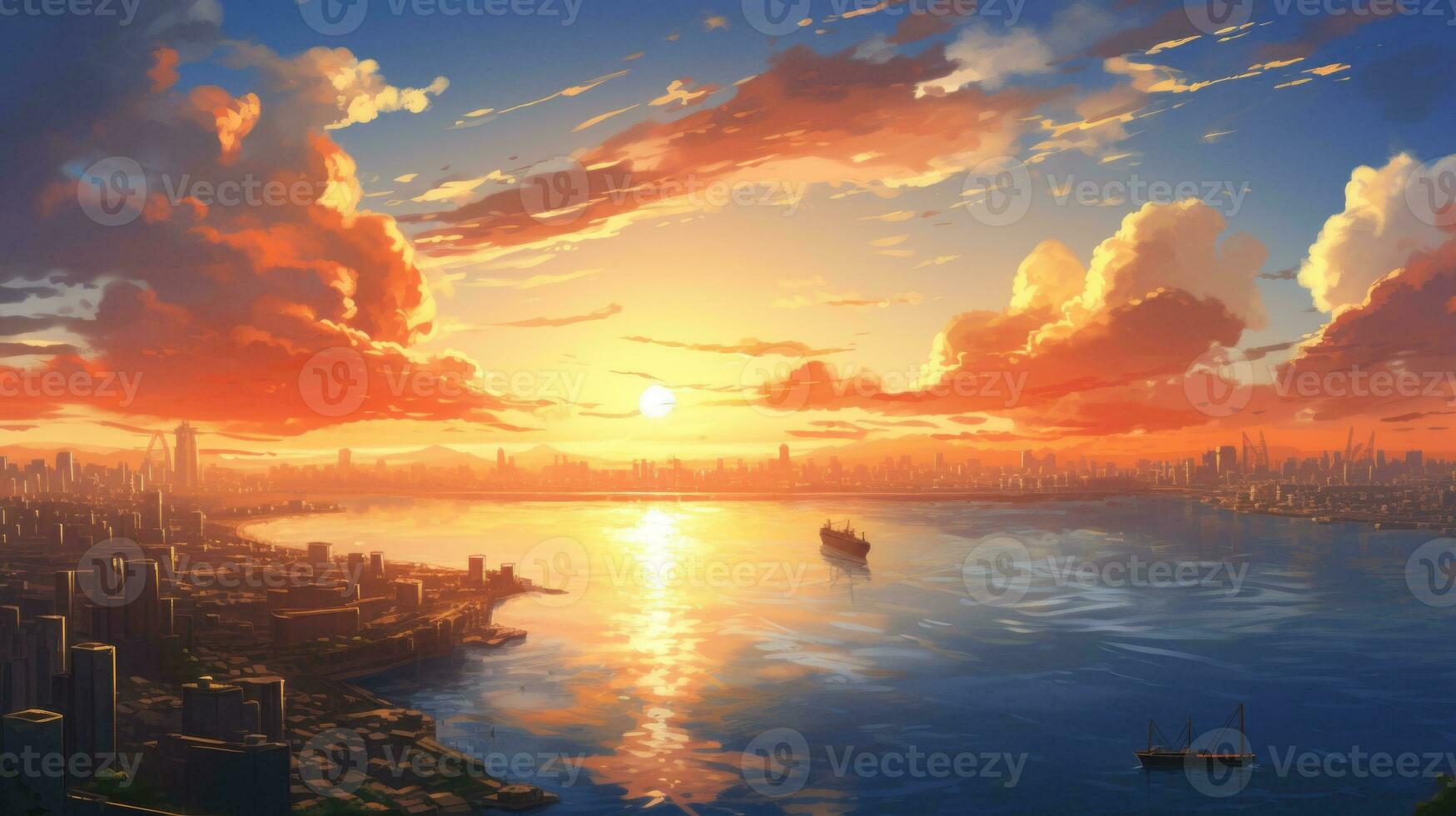 1749x980 Wallpaper city landscape background. Cartoon summer sunrise with clouds, lake and sunshine. Anime style