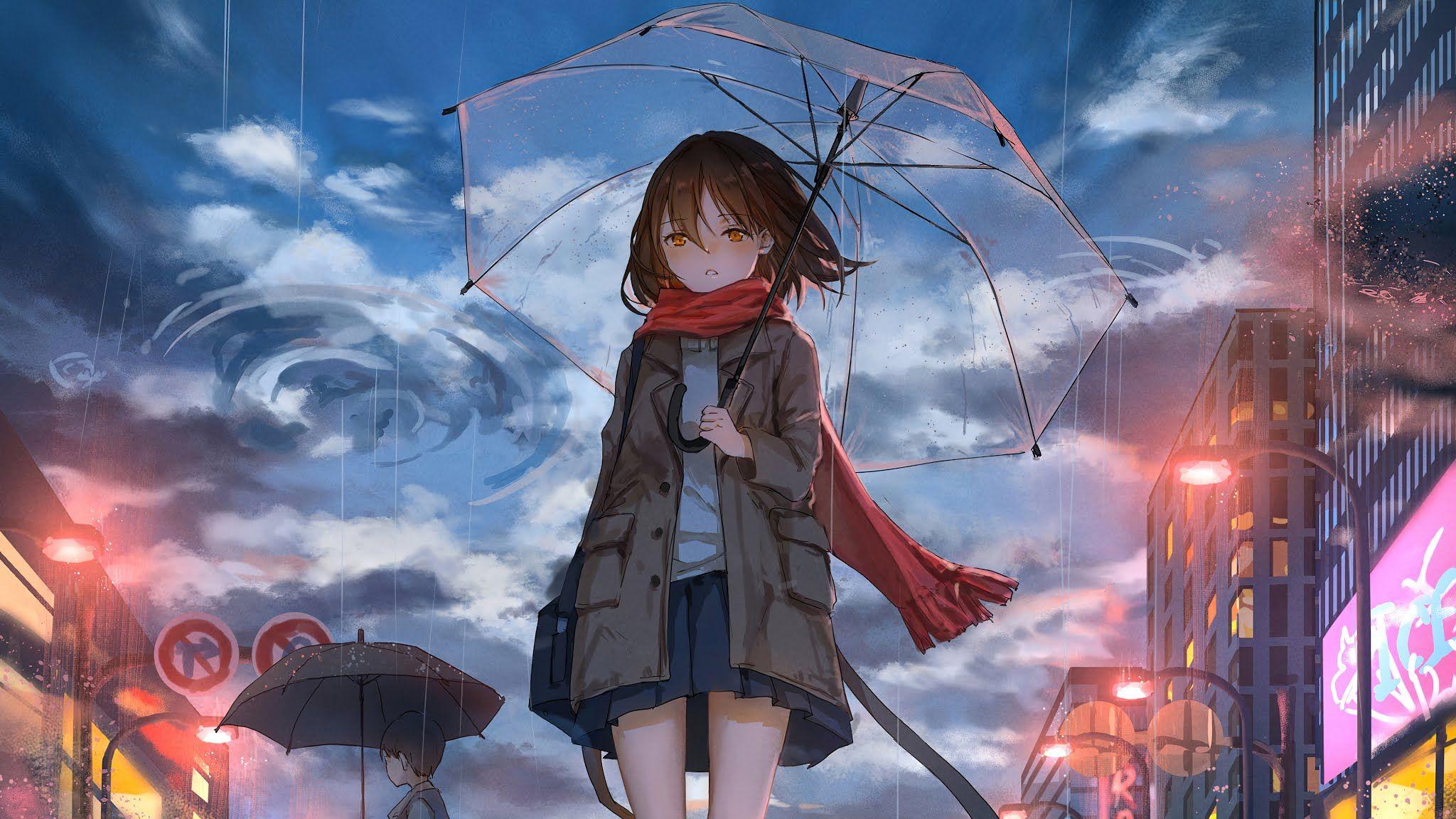 2048x1152 Anime Girl Walking In Rain With Umbrella