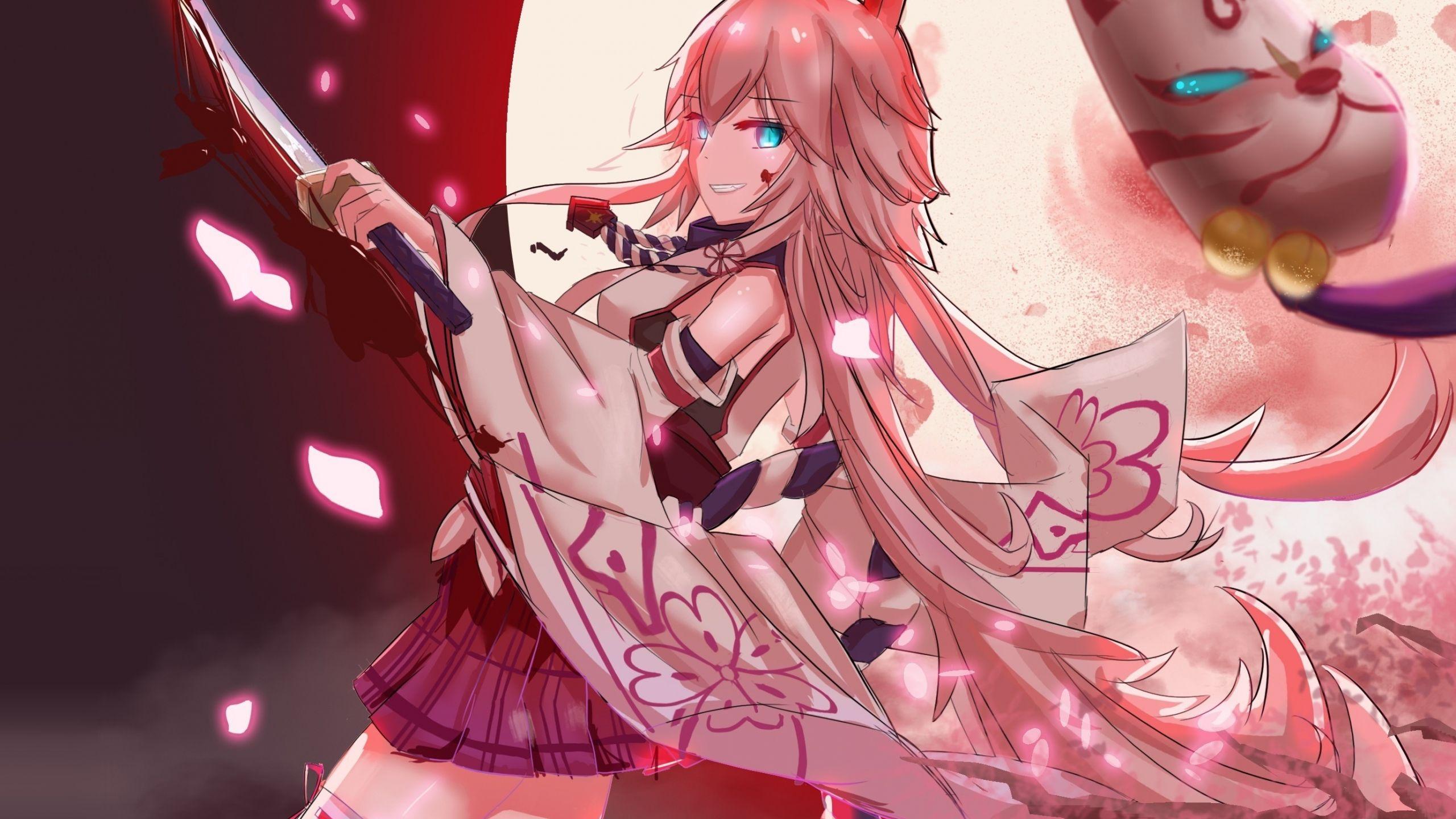 2560x1440 Download 2560x1440 wallpaper sword, mask, yae sakura, benghuai