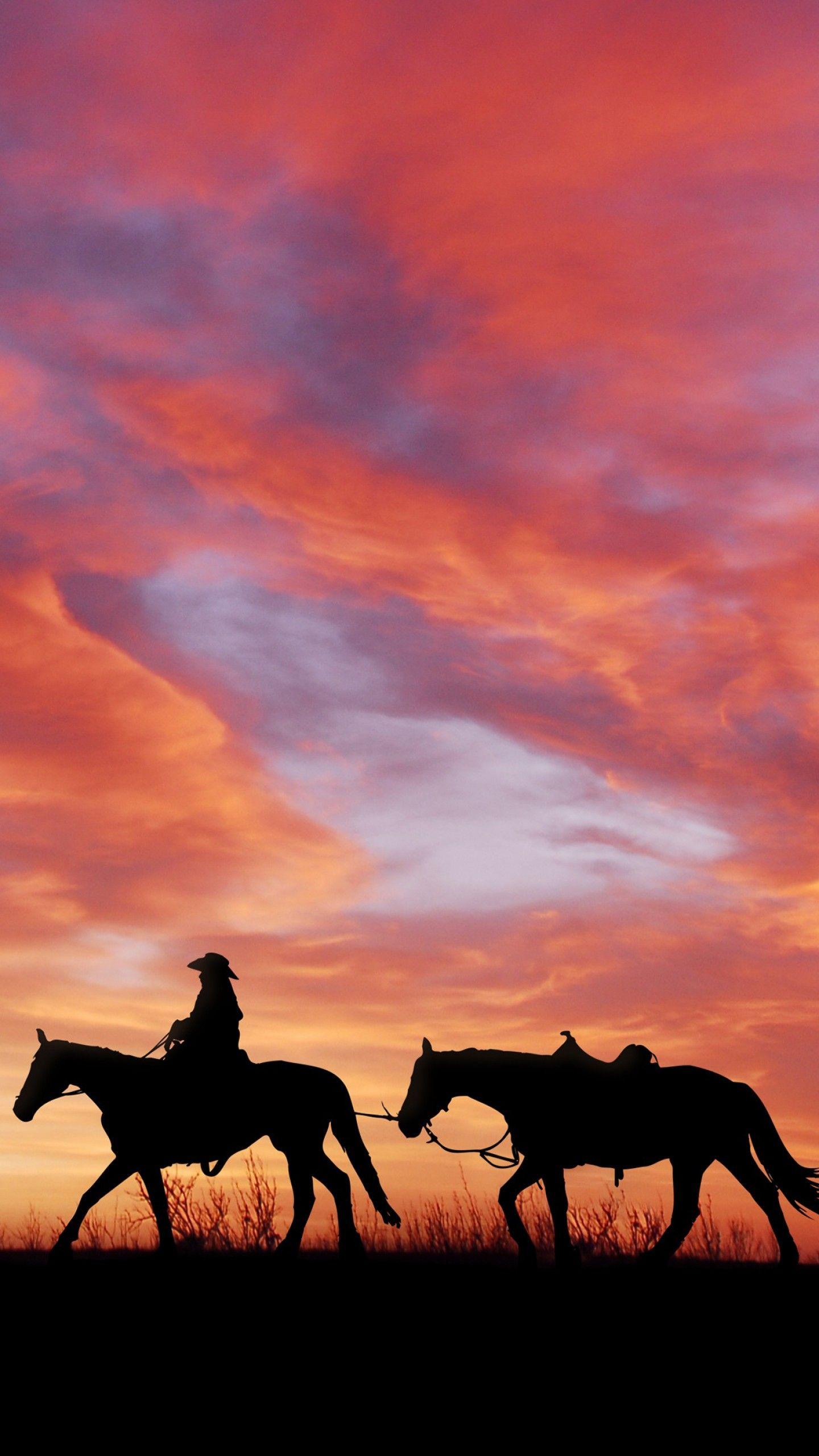 1440x2560 Wallpaper Cowboy, Sunset, Horses, Silhouette, 4K, Photography