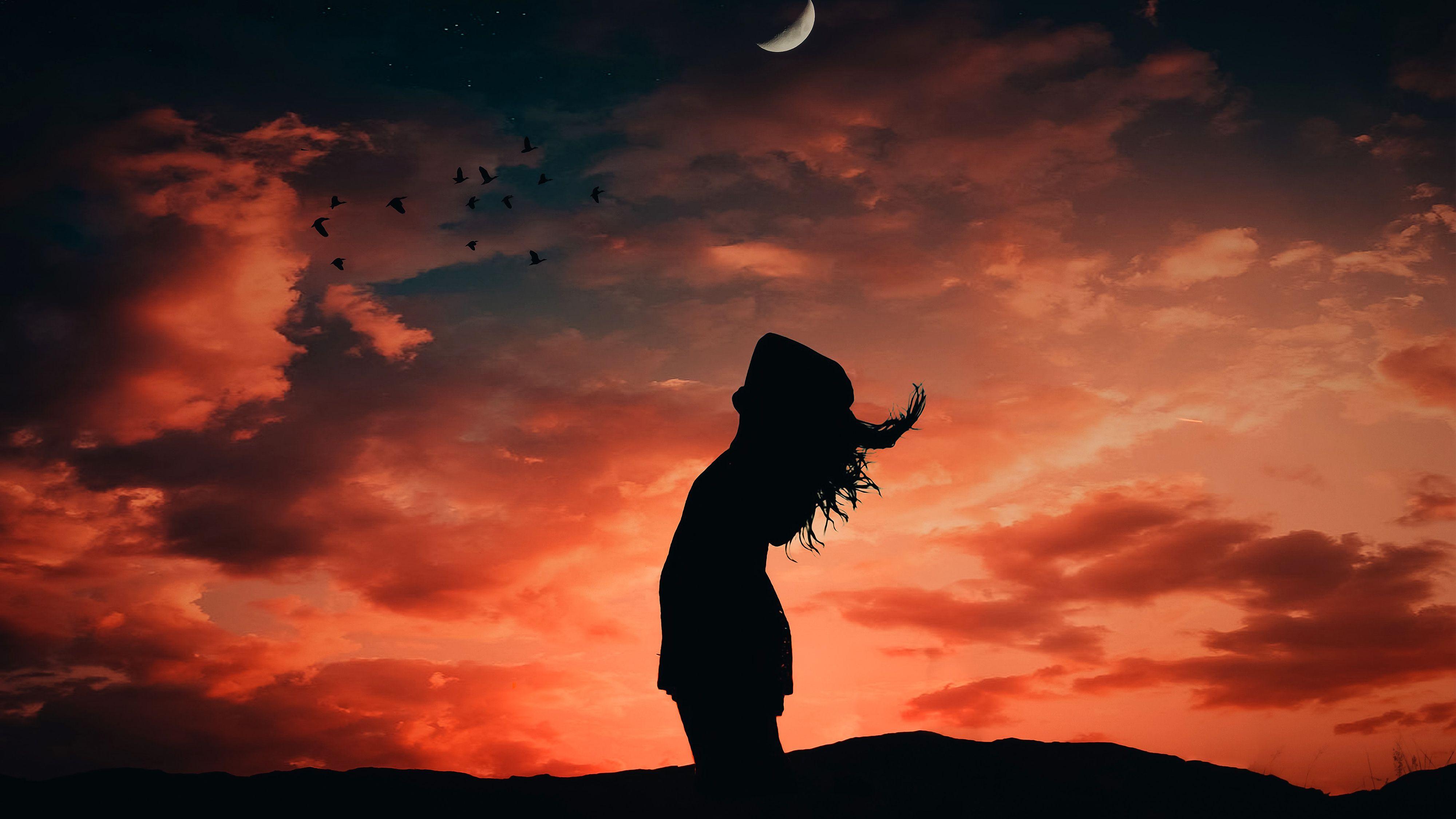 4000x2250 Girl Sunset Silhouette 4K Wallpaper