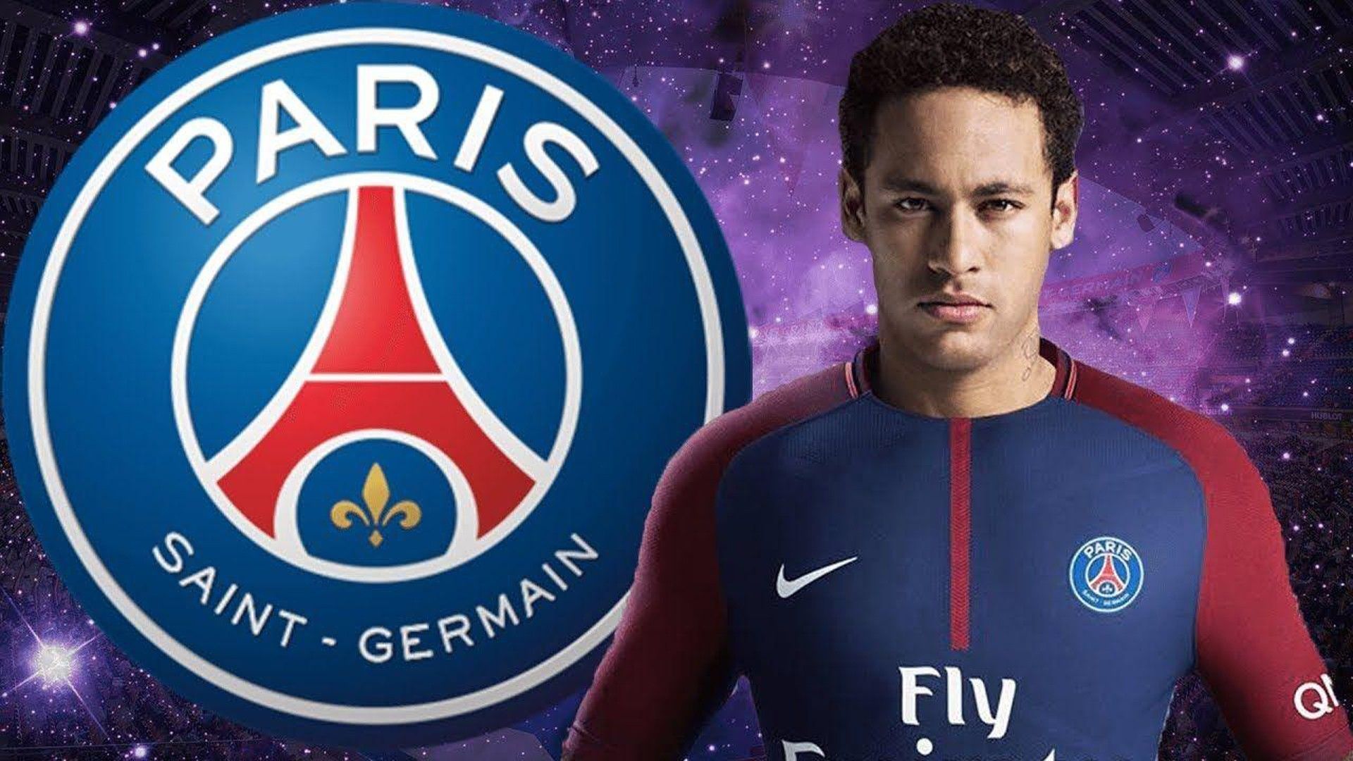 1920x1080 Neymar Jr. Paris Saint Germain Logo In Purple Starry Sky Background HD PSG Wallpaper
