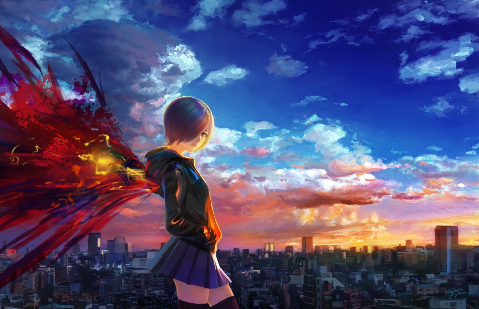 1980x1279 Desktop wallpaper: City, Sky, Anime, Sunset, Tokyo Ghoul, Cloud, Hoodie, Kagune (Tokyo Ghoul), Purple Hair, Red Eyes, Short Hair, Skirt, Touka Kirishima 4K free download for PC. 658687