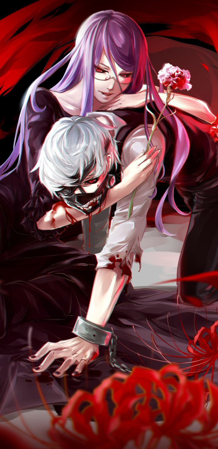 720x1480 Phone wallpaper: Rize Kamishiro, Kagune (Tokyo Ghoul), Anime, Tokyo Ghoul, Purple Hair, Ken Kaneki, White Hair, Long Hair, Blood 1380604