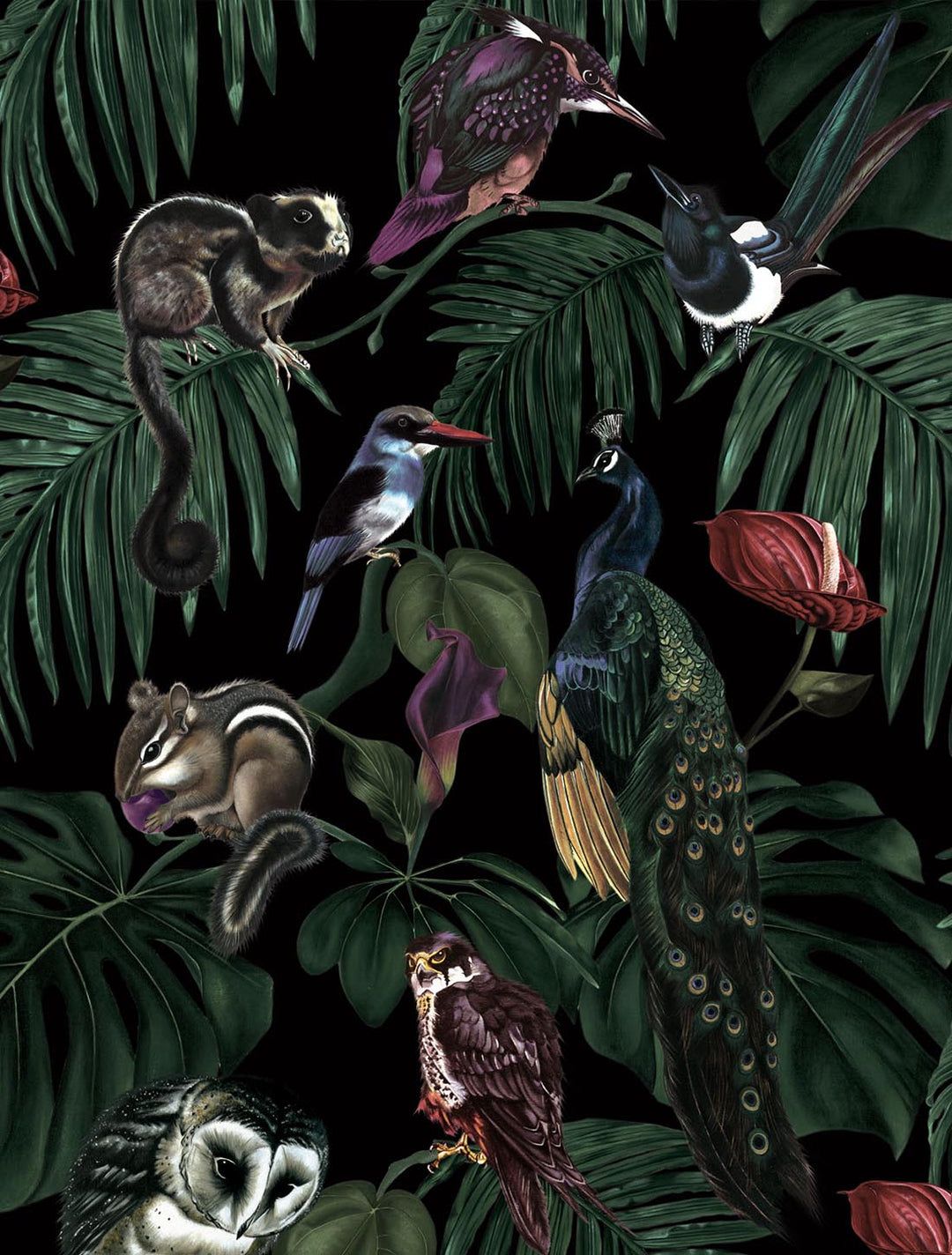 1080x1424 Luxury Dark Nature Wallpaper Painted Peacocks & Tropical Leaves