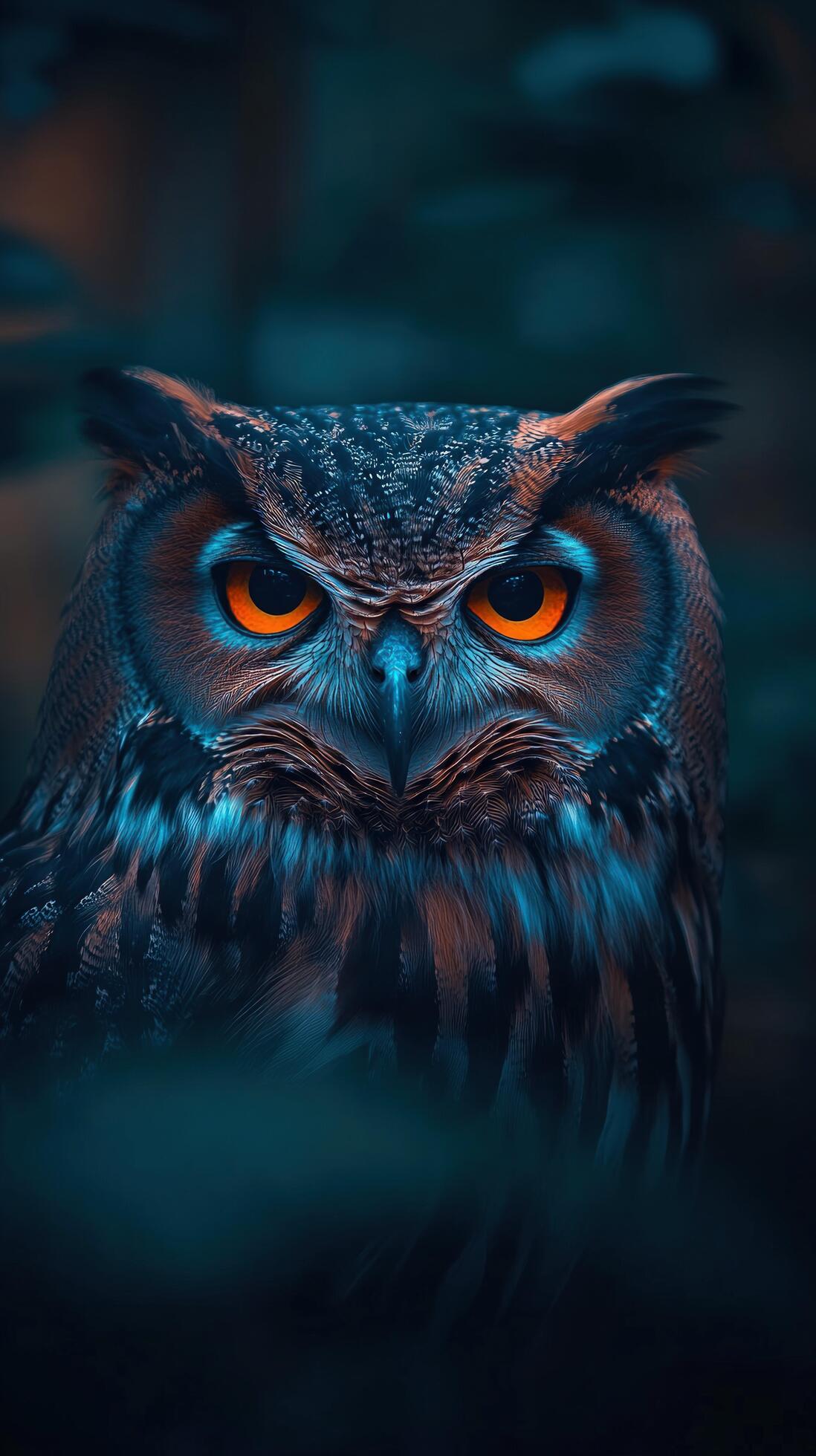 1098x1960 Majestic owl portrait, dark forest, night, intense gaze, wildlife wallpaper