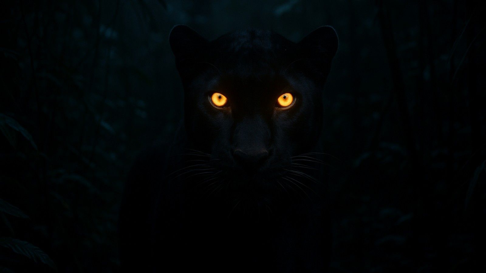 1600x900 Black panther eyes glowing in the dark jungle cinematic lighting photorealistic HD black Wallpaper