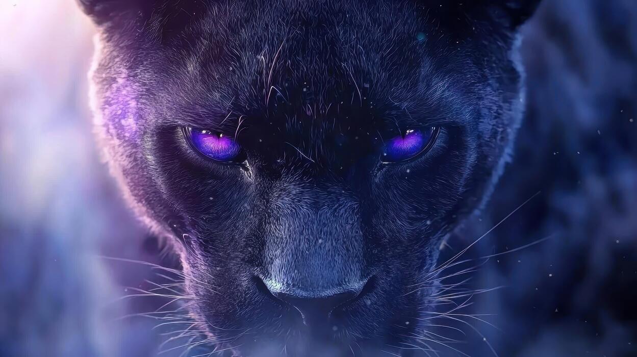1249x700 Majestic Black Panther Close Up Mystical Purple Eyes Dark Fur Wildlife Portrait