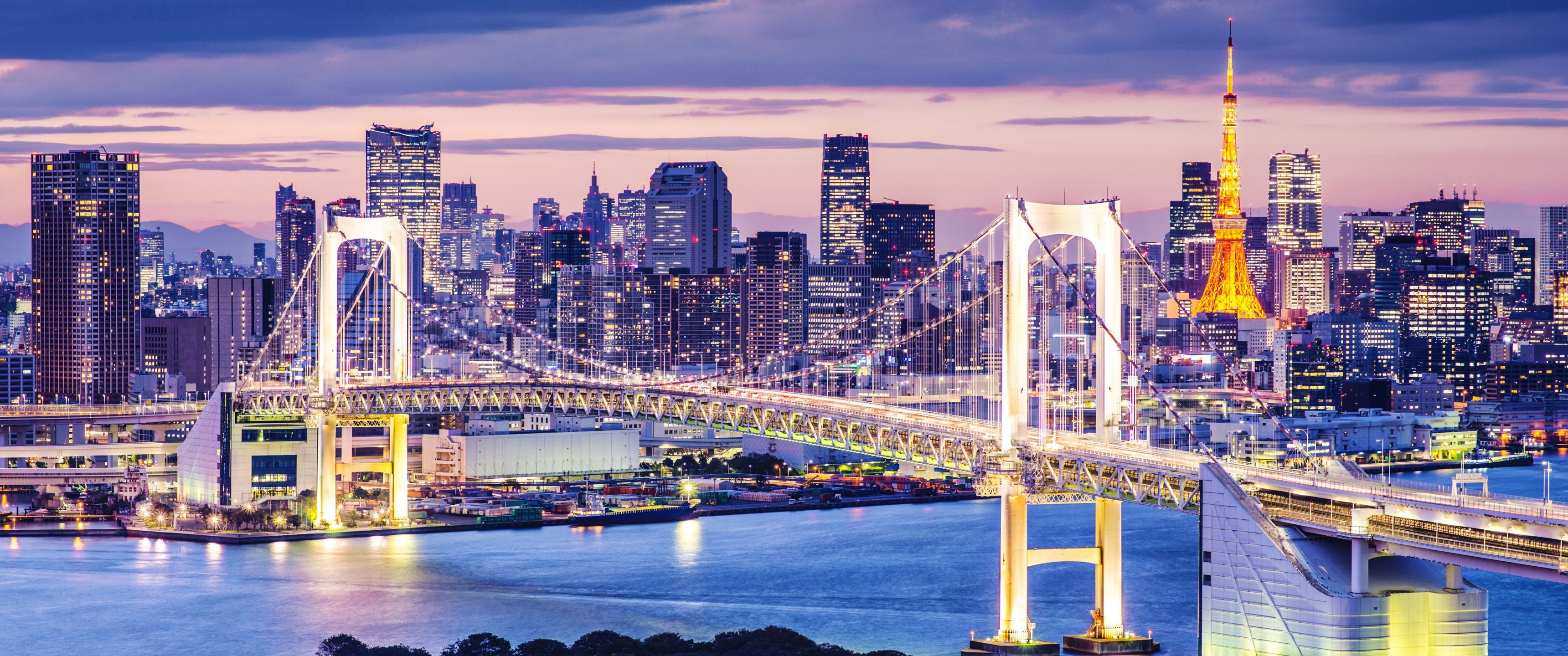 3440x1440 Rainbow Bridge Wallpaper 4K, Illuminated, Tokyo, Japan