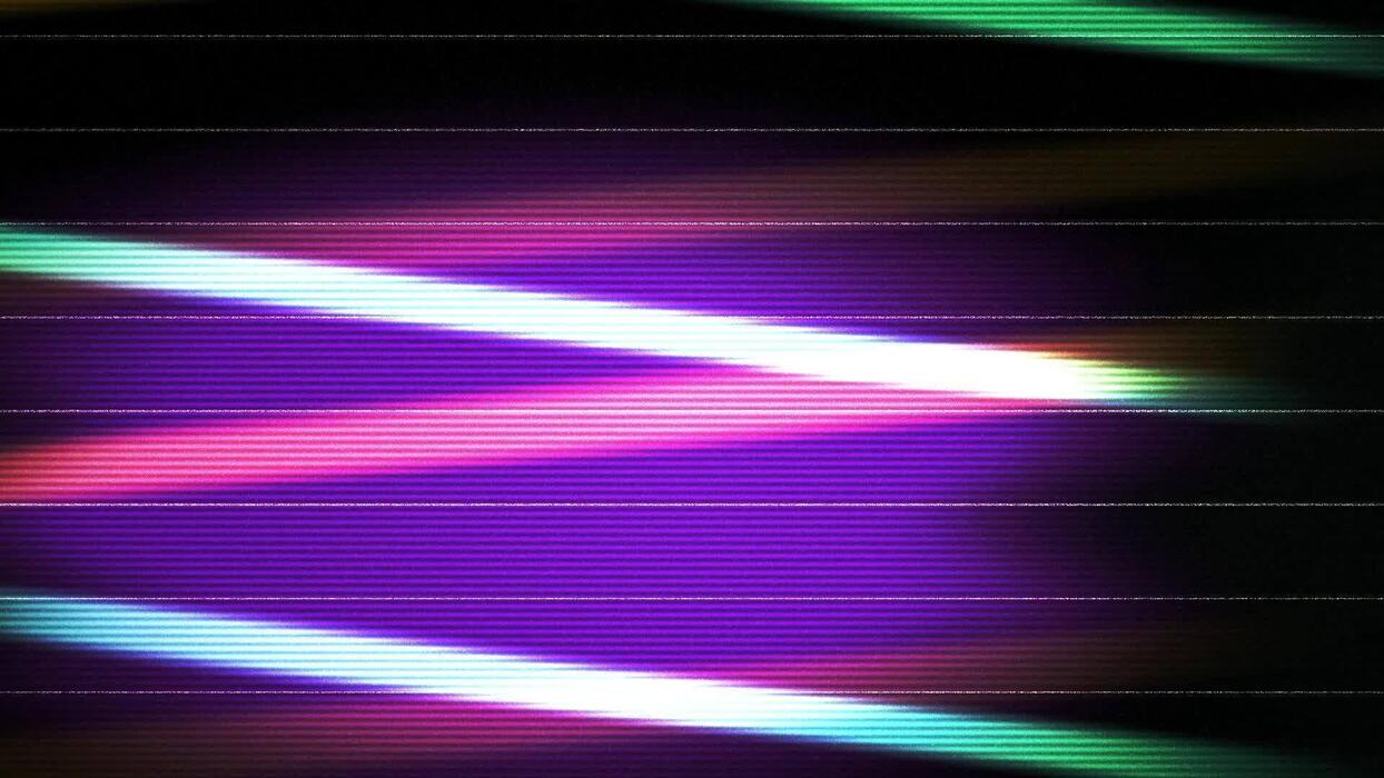 1244x700 Vibrant glitch art abstract neon aurora streaks across dark horizon with digital noise and retro television scanlines for futuristic tech backdrops